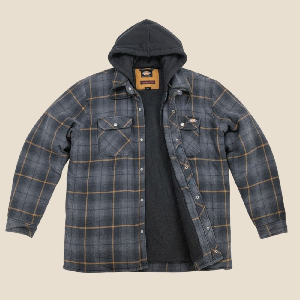 Dickies Mens Plaid Flannel Quilted Lined Hoodie Shirt Jacket Charcoal TJ211C1D